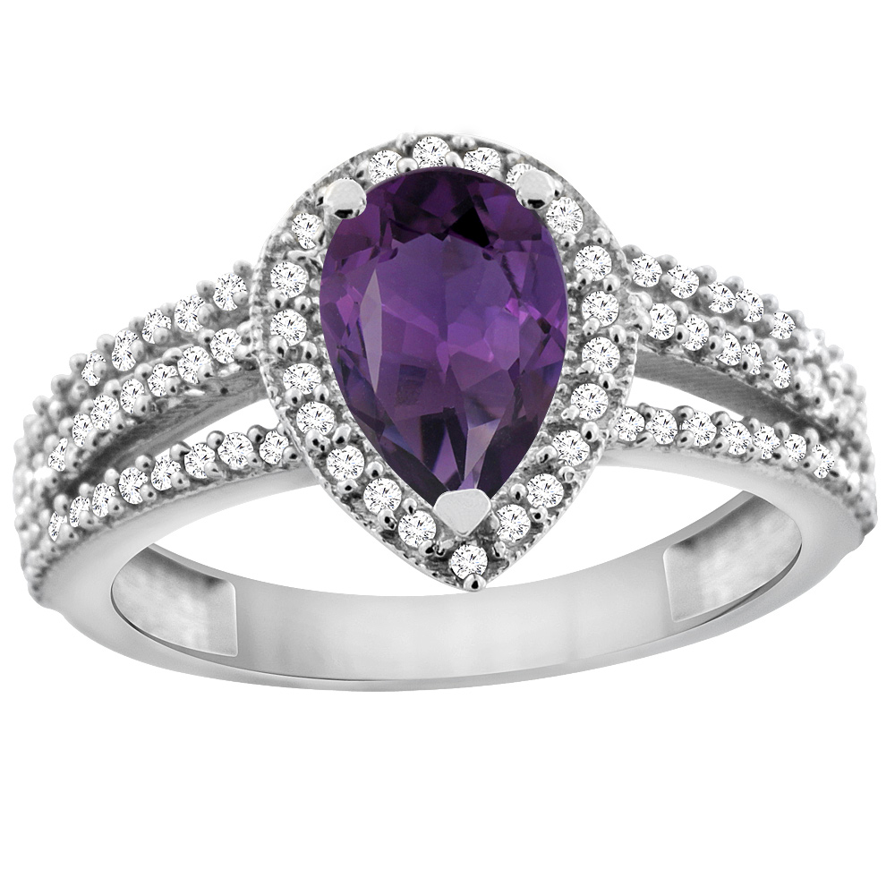 10K White Gold Natural Amethyst Ring 9x7 Pear Halo Diamond, sizes 5 - 10