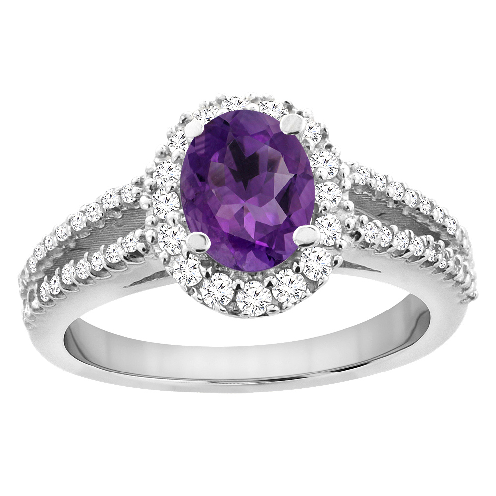 10K White Gold Natural Amethyst Split Shank Halo Engagement Ring Oval 7x5 mm, sizes 5 - 10