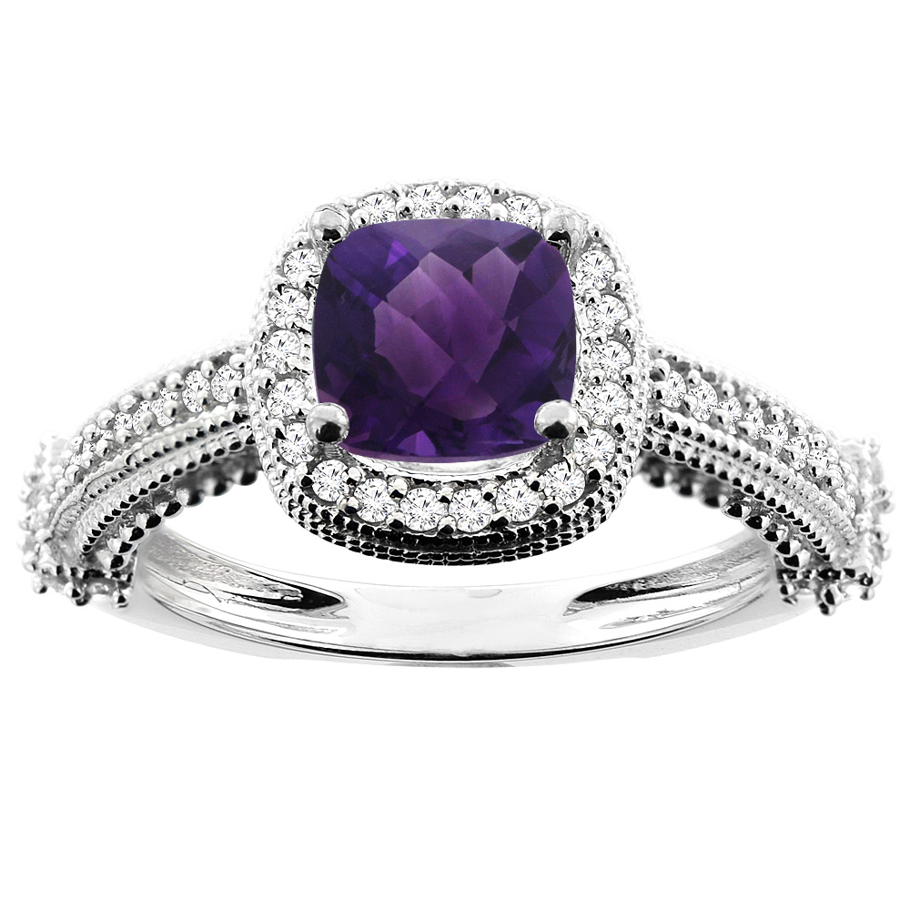 10K White/Yellow/Rose Gold Natural Amethyst Ring Cushion 7x7mm Diamond Accent, sizes 5 - 10