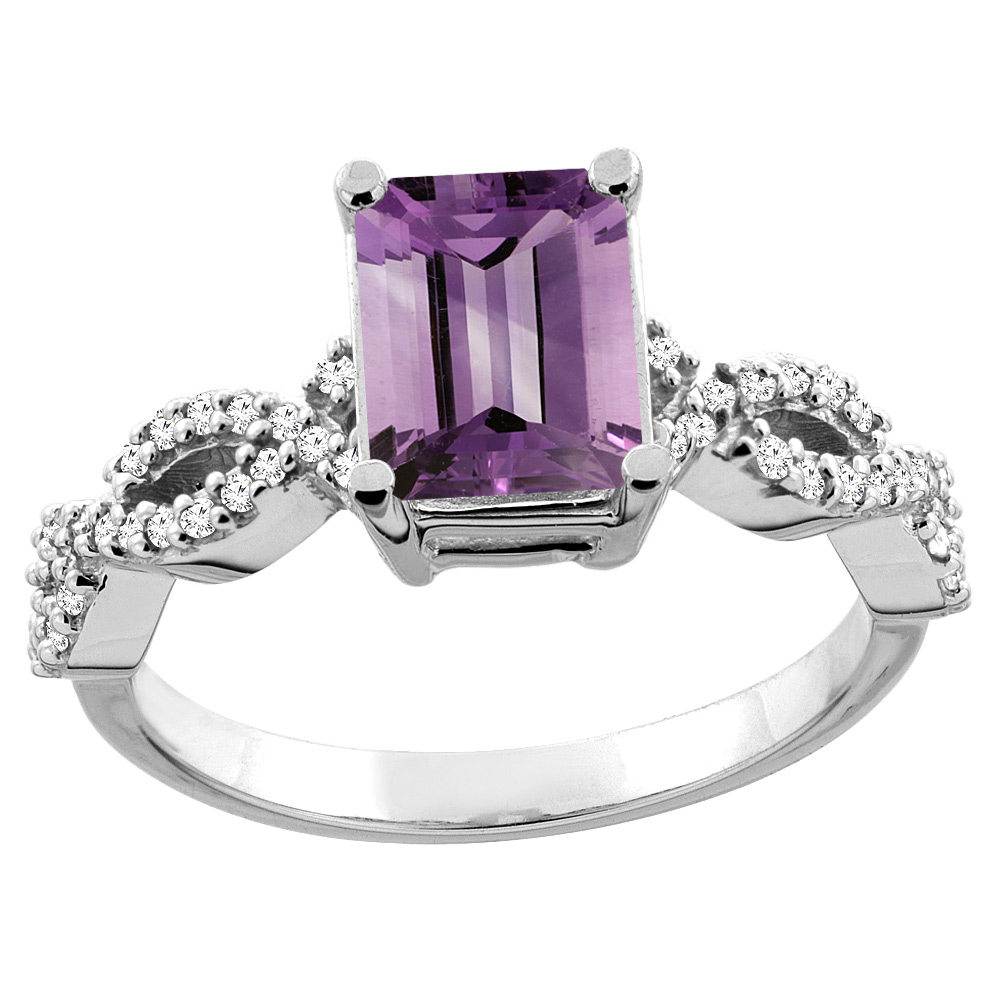 10K White/Yellow Gold Natural Amethyst Eternity Ring Octagon 9x7mm Diamond Accent, sizes 5 - 10