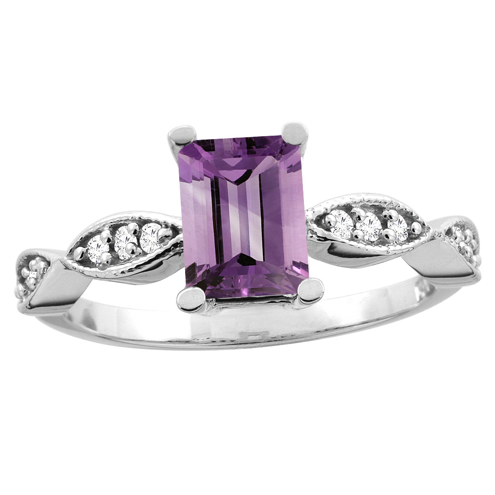 10K White/Yellow Gold Natural Amethyst Ring Octagon 8x6mm Diamond Accent, sizes 5 - 10