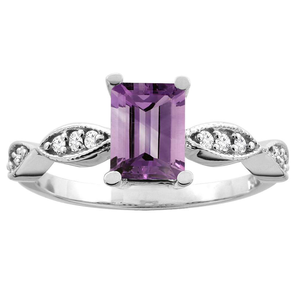 10K White/Yellow Gold Natural Amethyst Ring Octagon 7x5mm Diamond Accents, sizes 5 -10