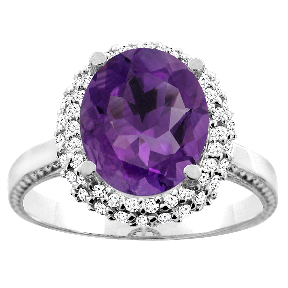 10K White/Yellow Gold Natural Amethyst Double Halo Ring Oval 10x8mm Diamond Accent, sizes 5 - 10