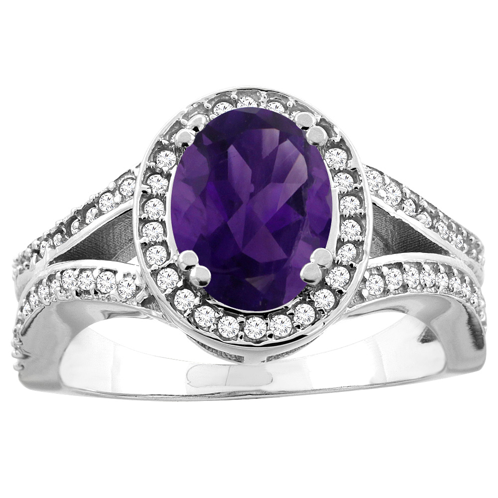 10K White/Yellow Gold Natural Amethyst Split Ring Oval 8x6mm Diamond Accent, sizes 5 - 10