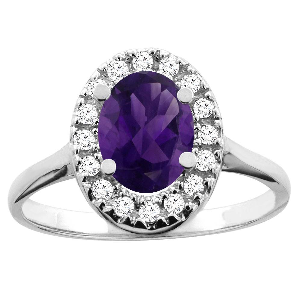 10K White/Yellow Gold Natural Amethyst Ring Oval 8x6mm Diamond Accent, sizes 5 - 10