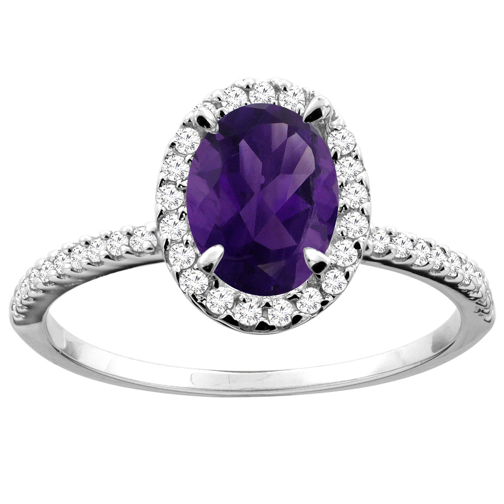 10K White/Yellow Gold Natural Amethyst Ring Oval 8x6mm Diamond Accent, sizes 5 - 10