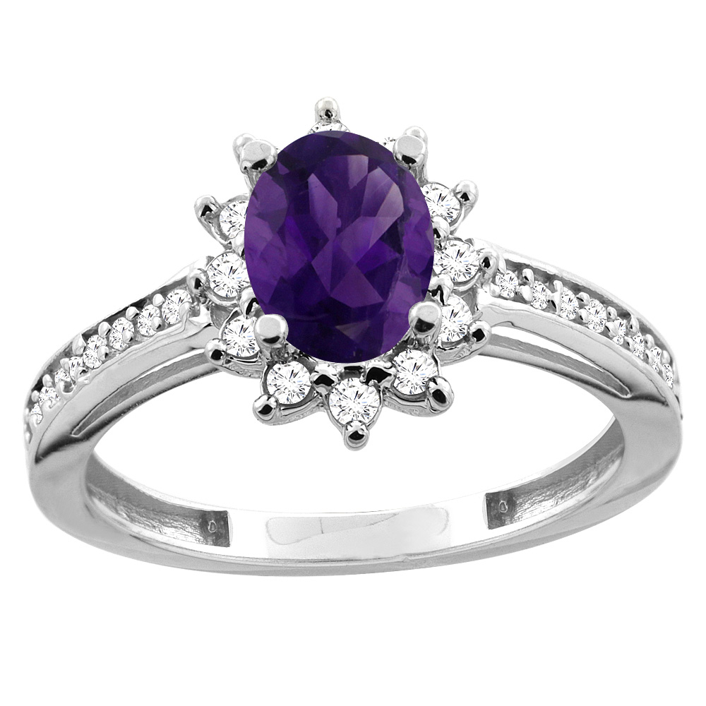 10K White/Yellow Gold Diamond Natural Amethyst Floral Halo Engagement Ring Oval 7x5mm, sizes 5 - 10