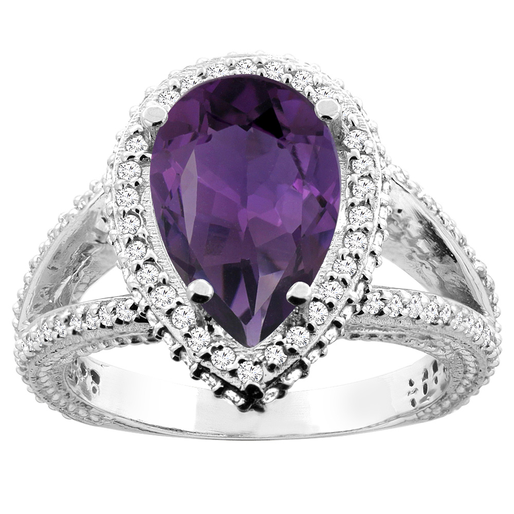 10K White/Yellow Gold Natural Amethyst Halo Ring Pear 12x8mm Diamond Accents, sizes 5 - 10