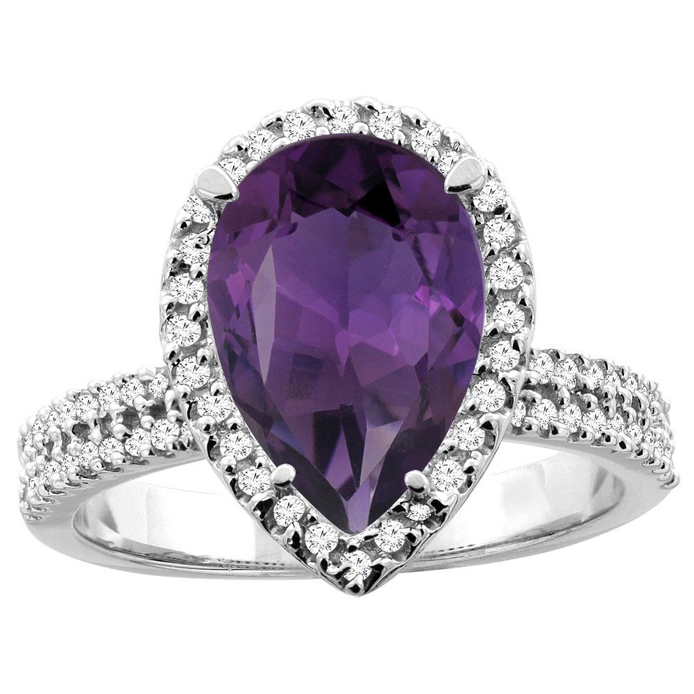 10K White/Yellow Gold Natural Amethyst Ring Pear 12x8mm Diamond Accents, sizes 5 - 10