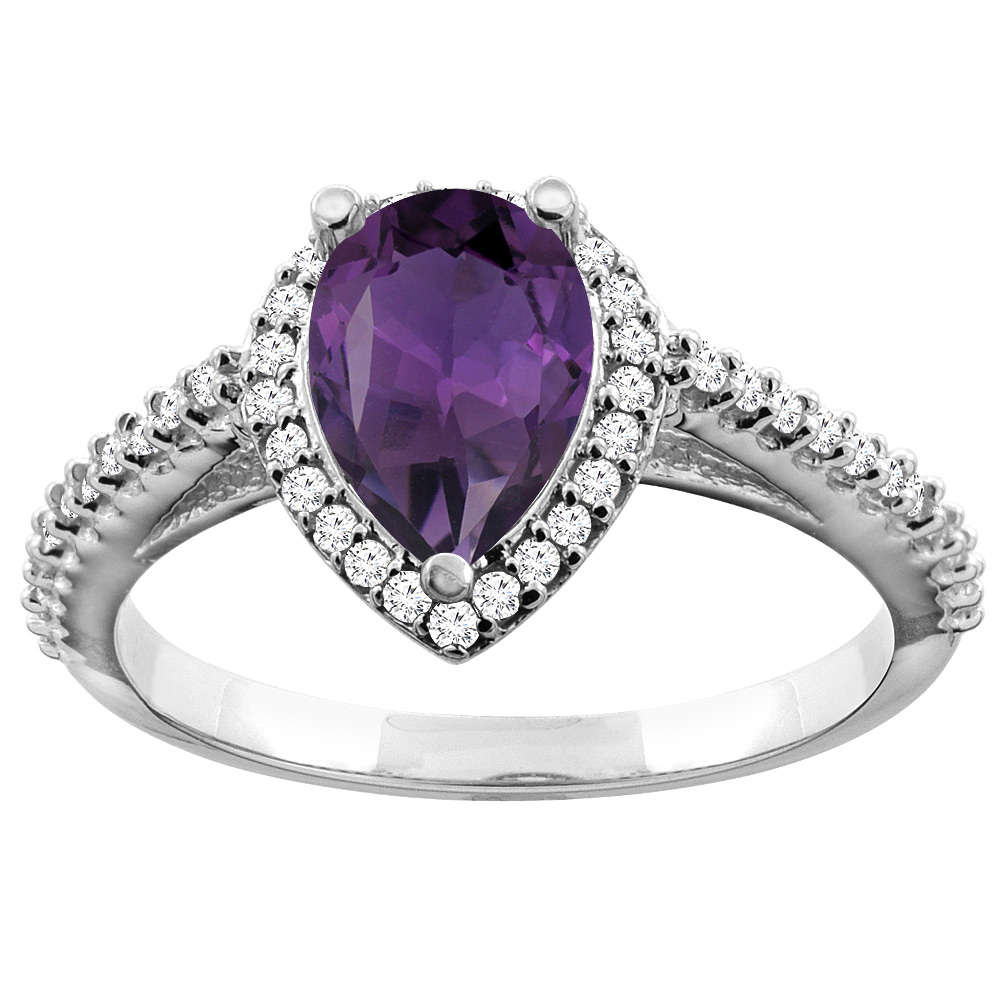 10K White Gold Natural Amethyst Ring Pear 9x7mm Diamond Accents, sizes 5 - 10