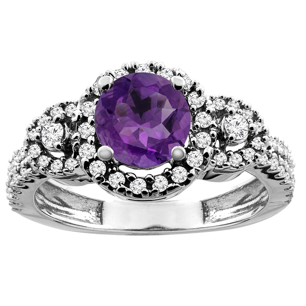 10K White/Yellow Gold Diamond Halo Natural Amethyst Ring Round 6mm, sizes 5 - 10