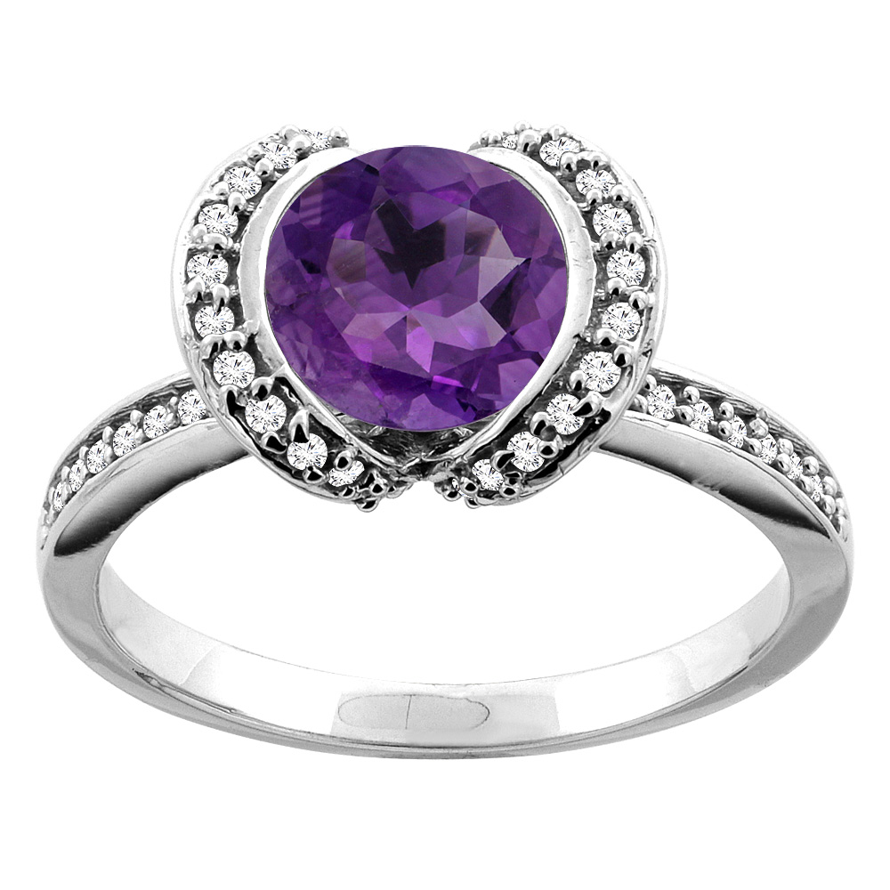 10K White/Yellow Gold Natural Amethyst Ring Round 7mm Diamond Accent, sizes 5 - 10