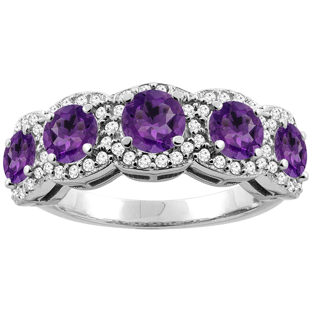 10K Gold Natural Amethyst 5-Stone Ring Round 4mm, sizes 5 - 10