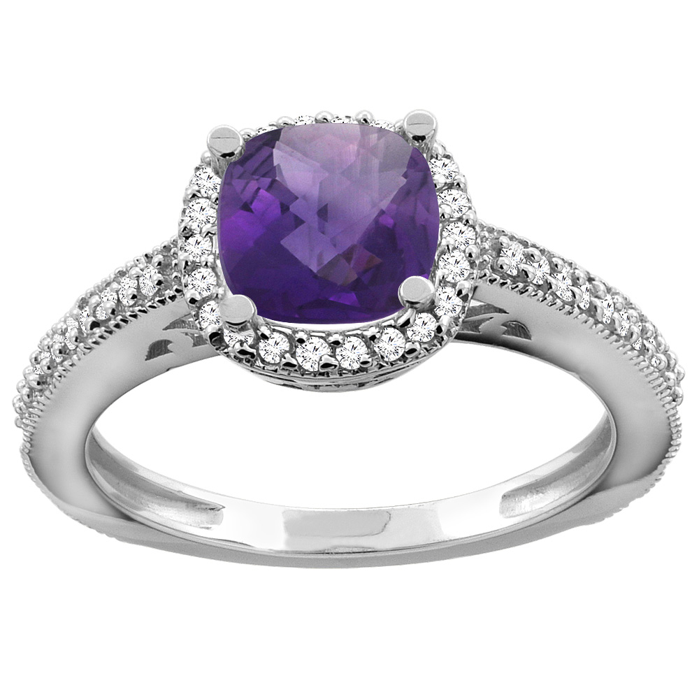 10K Gold Natural Amethyst Engagement Ring Diamond Halo Cushion 7mm, sizes 5 - 10