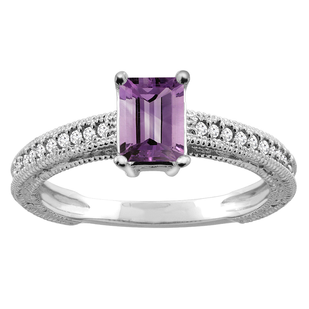 10K Gold Natural Amethyst Engagement Ring Octagon 8x6mm Diamond Accents, sizes 5 - 10