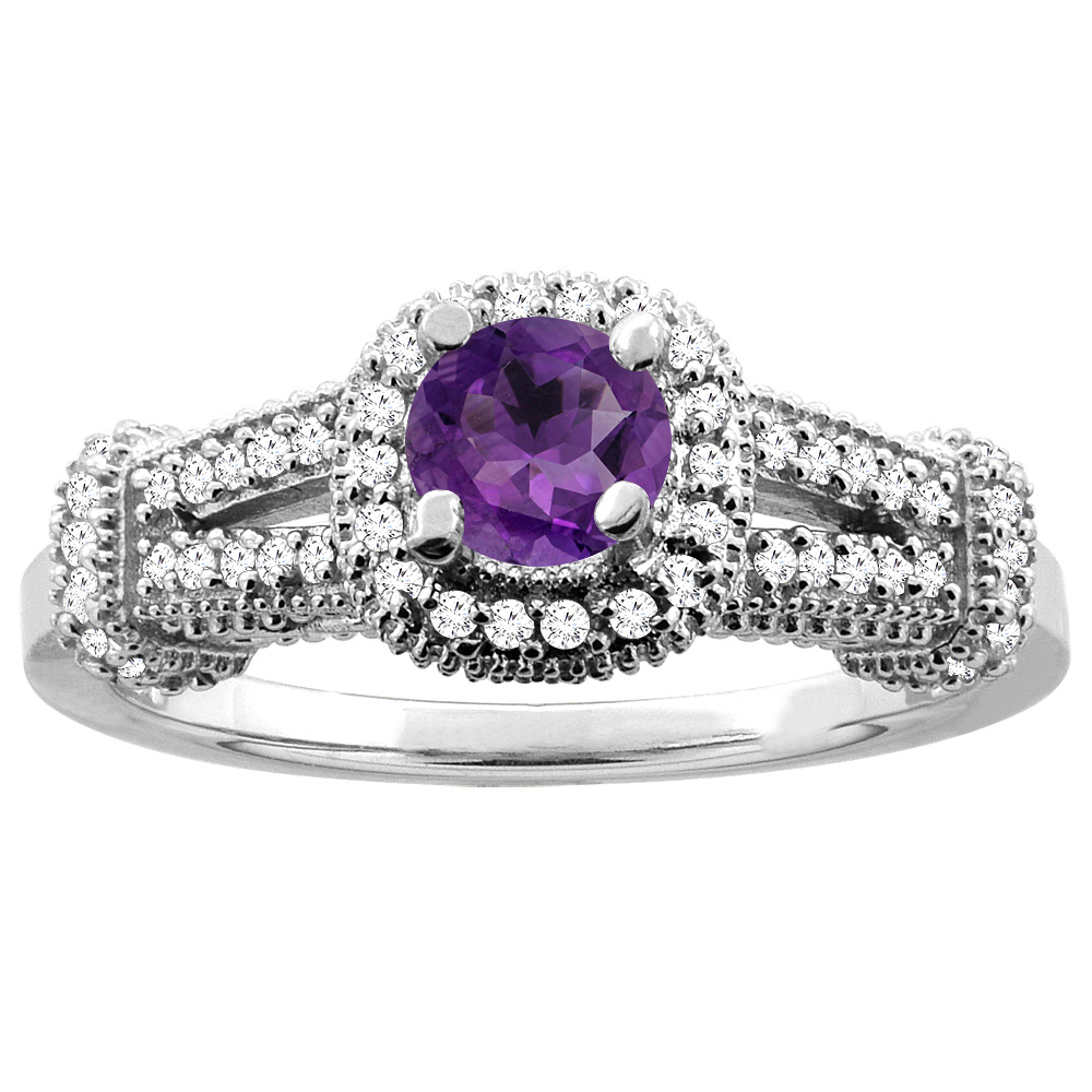10K White Gold Natural Amethyst Engagement Halo Ring Round 5mm Diamond Accents, sizes 5 - 10
