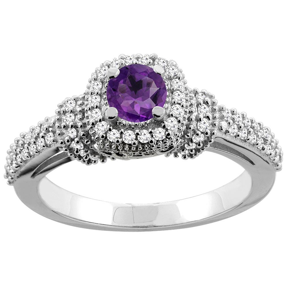 10K Gold Natural Amethyst Engagement Halo Ring Round 5mm Diamond Accents, sizes 5 - 10