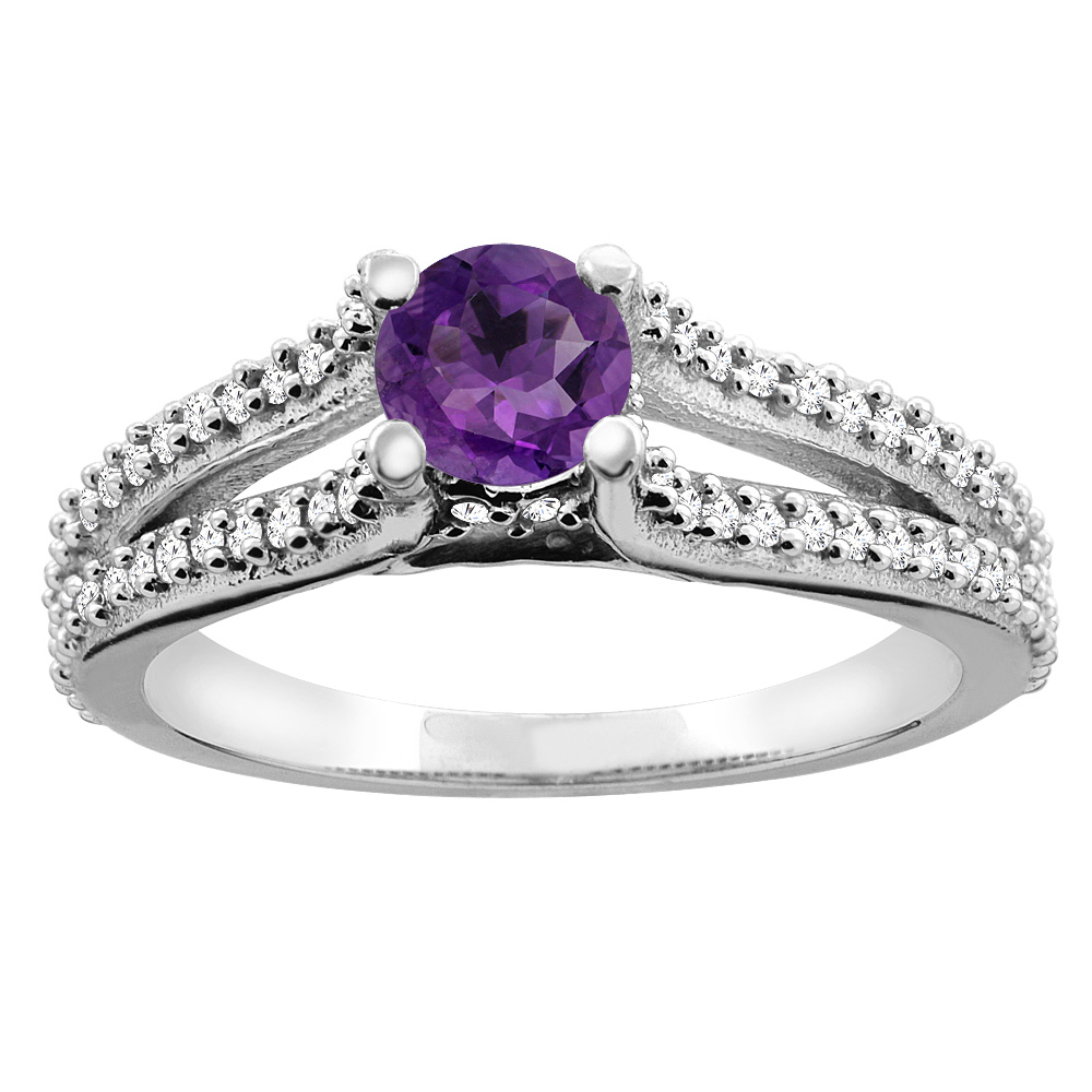 10K White Gold Natural Amethyst Engagement Split Shank Ring Round 5mm Diamond Accents, sizes 5 - 10