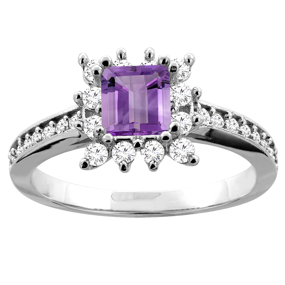 10K White Gold Natural Amethyst Engagement Ring Diamond Accents Square 5mm, sizes 5 - 10