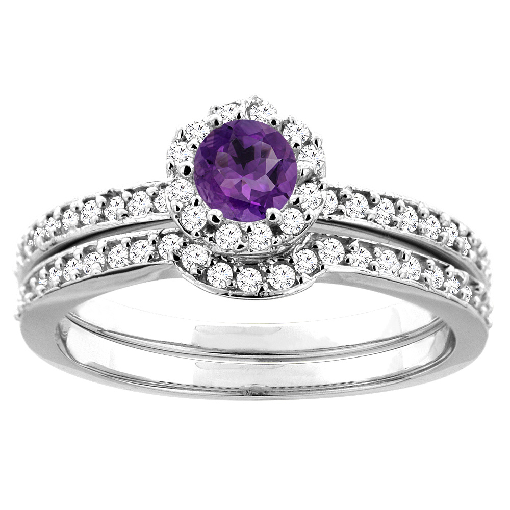 10K White Gold Natural Amethyst 2-pc Bridal Ring Set Diamond Accent Round 4mm, sizes 5 - 10