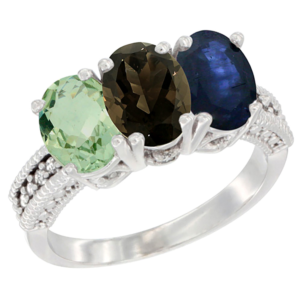 14K White Gold Natural Green Amethyst, Smoky Topaz & Blue Sapphire Ring 3-Stone 7x5 mm Oval Diamond Accent, sizes 5 - 10