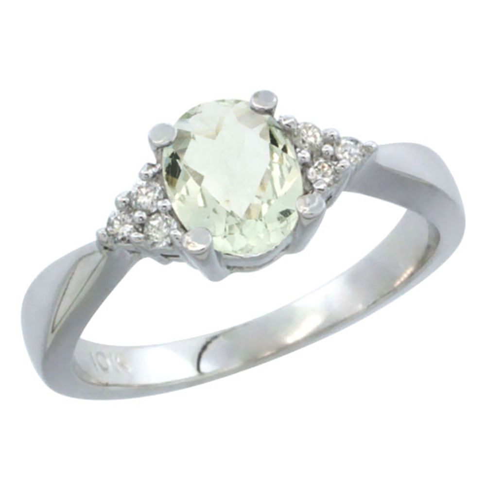 10K White Gold Diamond Genuine Green Amethyst Engagement Ring Oval 7x5mm sizes 5-10