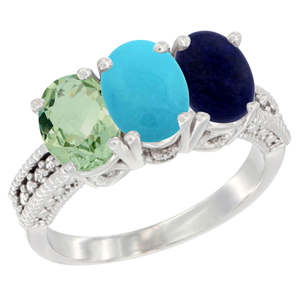14K White Gold Natural Green Amethyst, Turquoise & Lapis Ring 3-Stone 7x5 mm Oval Diamond Accent, sizes 5 - 10