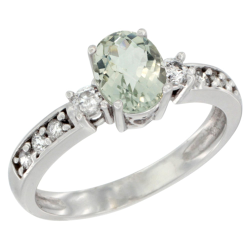 10k White Gold Natural Green Amethyst Ring Oval 7x5 mm Diamond Accent, sizes 5 - 10