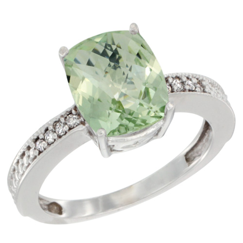 10K White Gold Diamond Cushion 10x8 mm Natural Green Amethyst Stone Ring, sizes 5 - 10