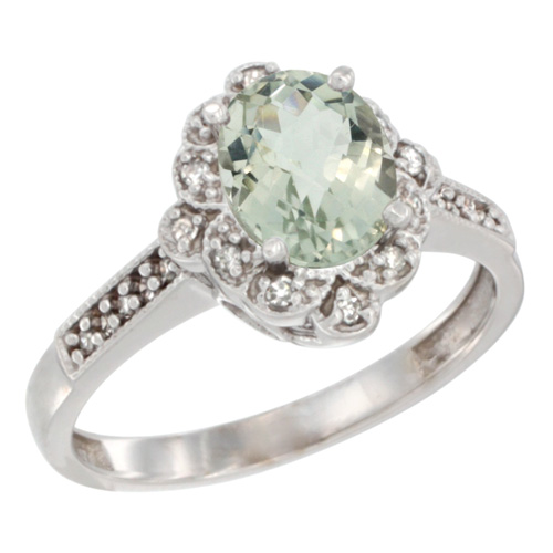 10K White Gold Natural Green Amethyst Ring Oval 8x6 mm Floral Diamond Halo, sizes 5 - 10