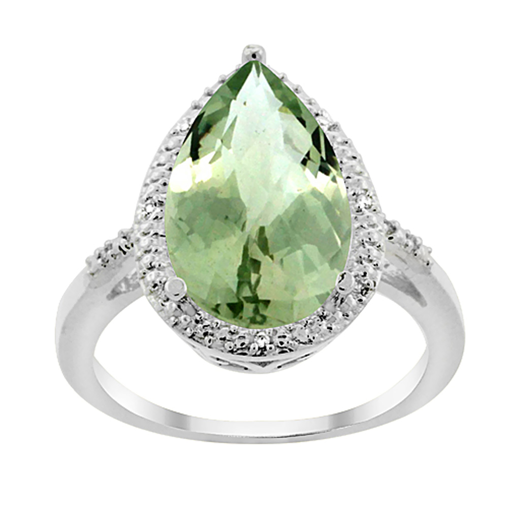 14K White Gold Natural Green Amethyst Ring Pear Shape 10x15 mm Diamond Accent, sizes 5 - 10