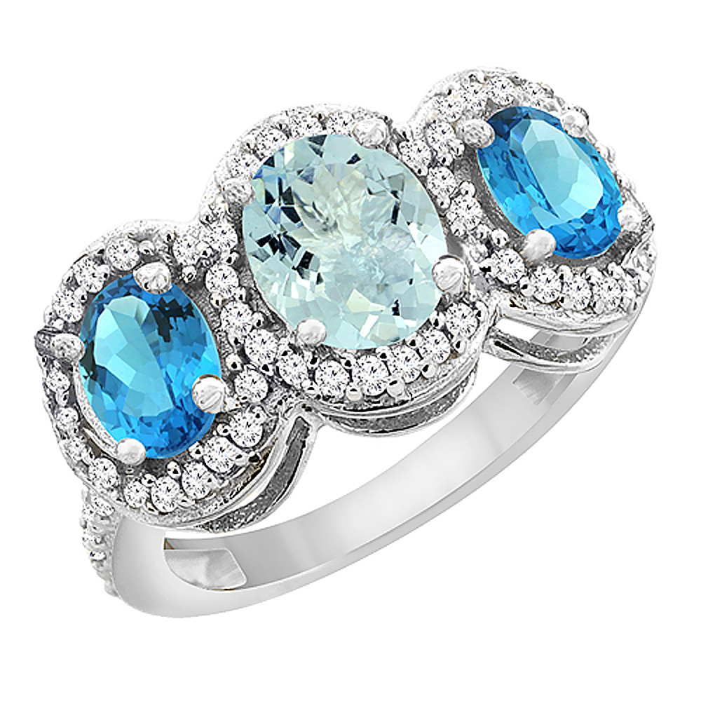 14K White Gold Natural Aquamarine & Swiss Blue Topaz 3-Stone Ring Oval Diamond Accent, sizes 5 - 10
