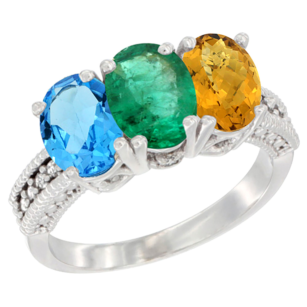 14K White Gold Natural Swiss Blue Topaz, Emerald & Whisky Quartz Ring 3-Stone 7x5 mm Oval Diamond Accent, sizes 5 - 10