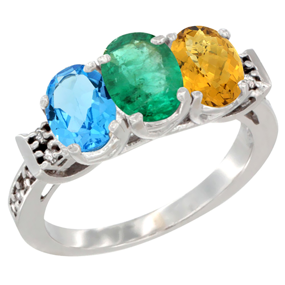 14K White Gold Natural Swiss Blue Topaz, Emerald & Whisky Quartz Ring 3-Stone 7x5 mm Oval Diamond Accent, sizes 5 - 10