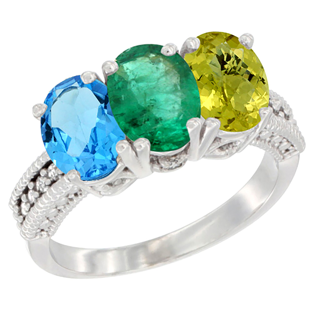 14K White Gold Natural Swiss Blue Topaz, Emerald & Lemon Quartz Ring 3-Stone 7x5 mm Oval Diamond Accent, sizes 5 - 10