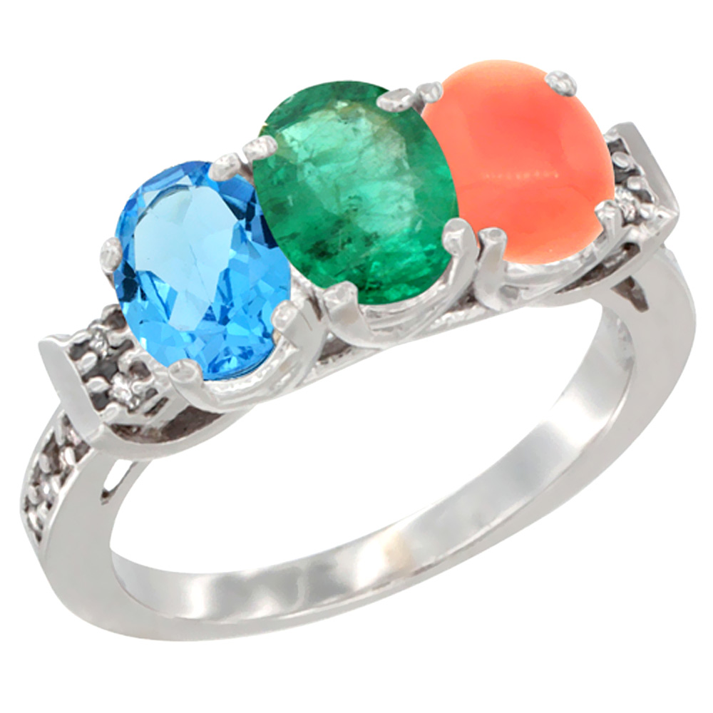 14K White Gold Natural Swiss Blue Topaz, Emerald & Coral Ring 3-Stone 7x5 mm Oval Diamond Accent, sizes 5 - 10