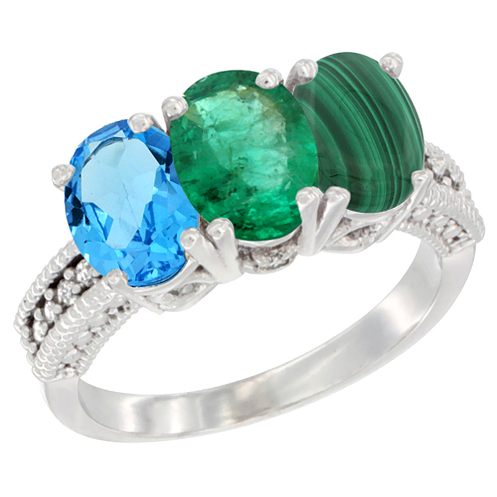 14K White Gold Natural Swiss Blue Topaz, Emerald & Malachite Ring 3-Stone 7x5 mm Oval Diamond Accent, sizes 5 - 10