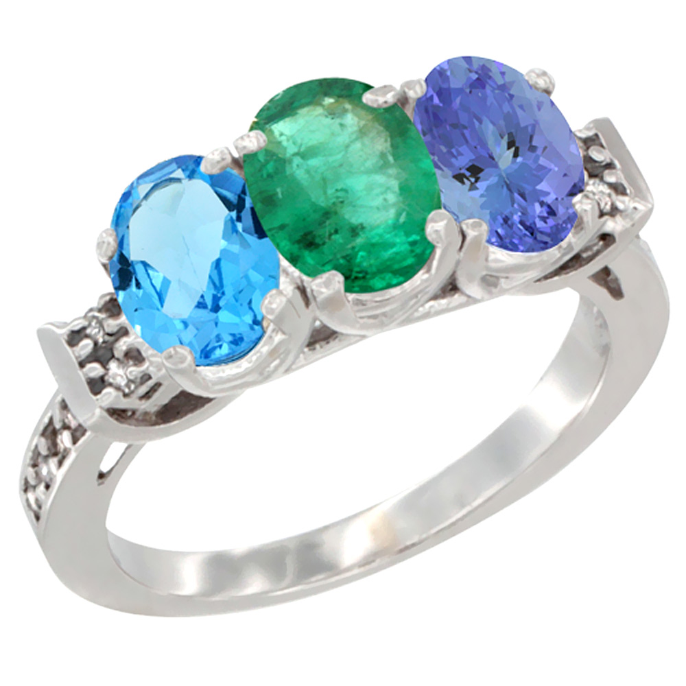 14K White Gold Natural Swiss Blue Topaz, Emerald & Tanzanite Ring 3-Stone 7x5 mm Oval Diamond Accent, sizes 5 - 10