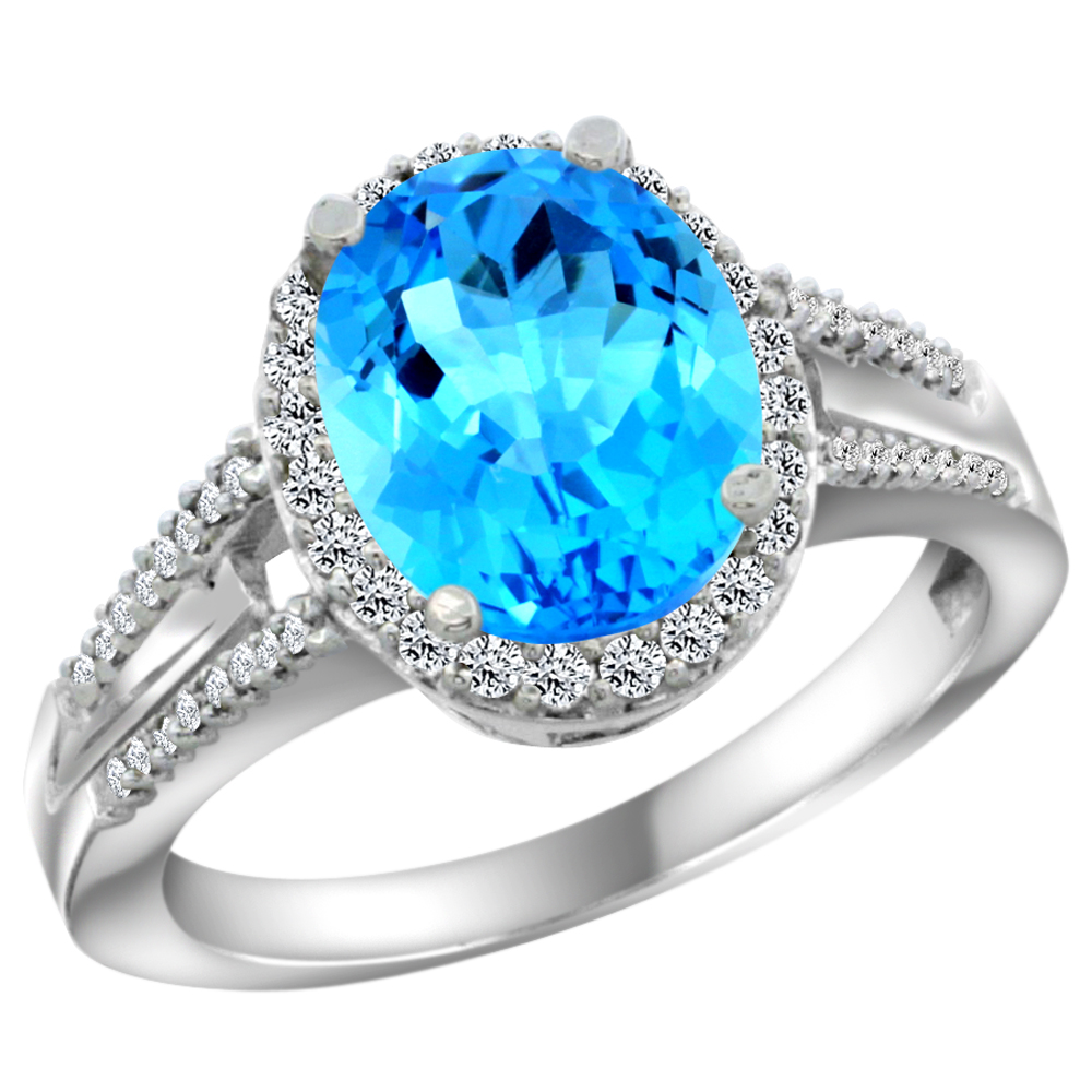 14K White Gold Diamond Natural Swiss Blue Topaz Engagement Ring Oval 10x8mm, sizes 5-10