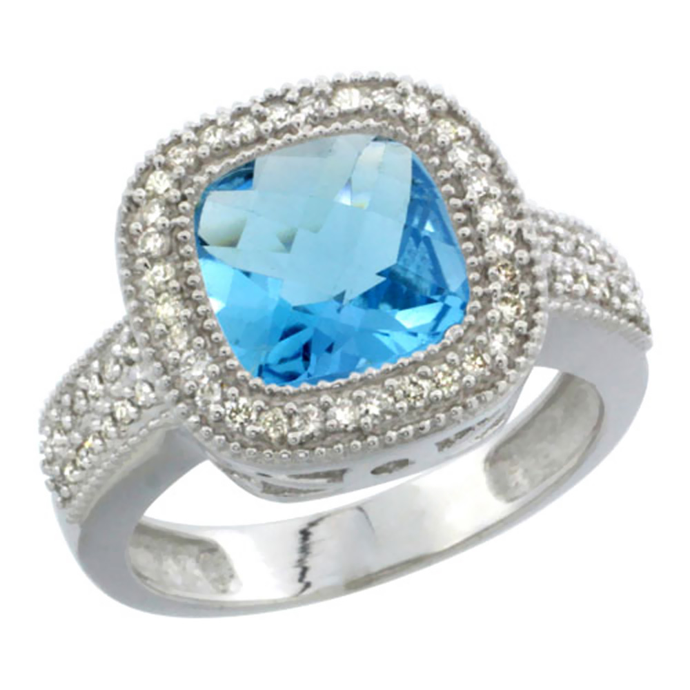 14K White Gold Natural Swiss Blue Topaz Ring Cushion-cut 9x9mm Diamond Accent, sizes 5-10