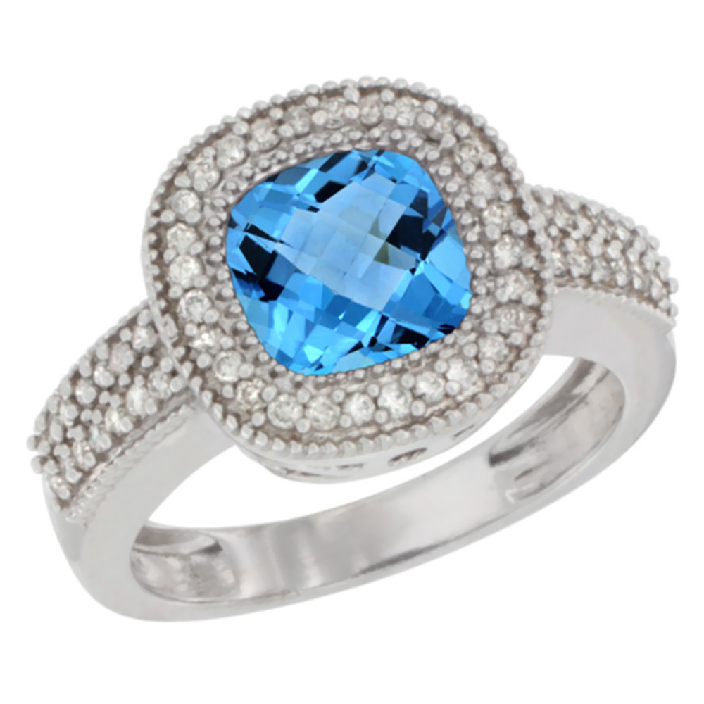 14K White Gold Natural Swiss Blue Topaz Ring Cushion-cut 7x7mm Diamond Accent, sizes 5-10