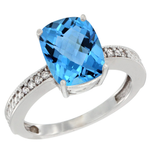 14K White Gold Diamond Cushion 10x8 mm Natural Swiss Blue Topaz Stone Ring, sizes 5 - 10