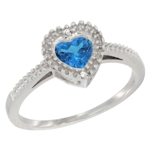 14K White Gold Natural Swiss Blue Topaz Ring Heart 6x6 mm, sizes 5 - 10