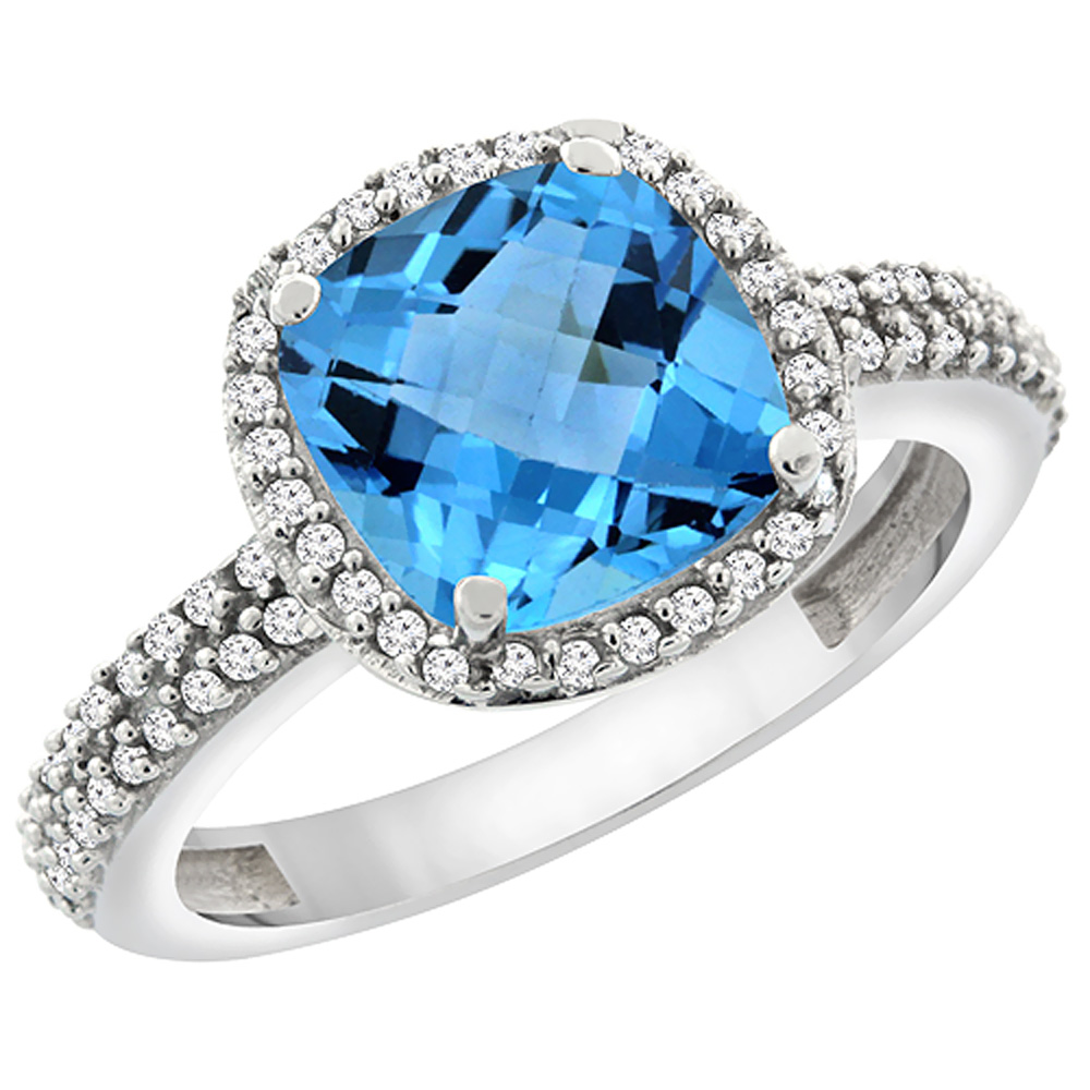 14K White Gold Natural Swiss Blue Topaz Cushion 8x8 mm with Diamond Accents, sizes 5 - 10