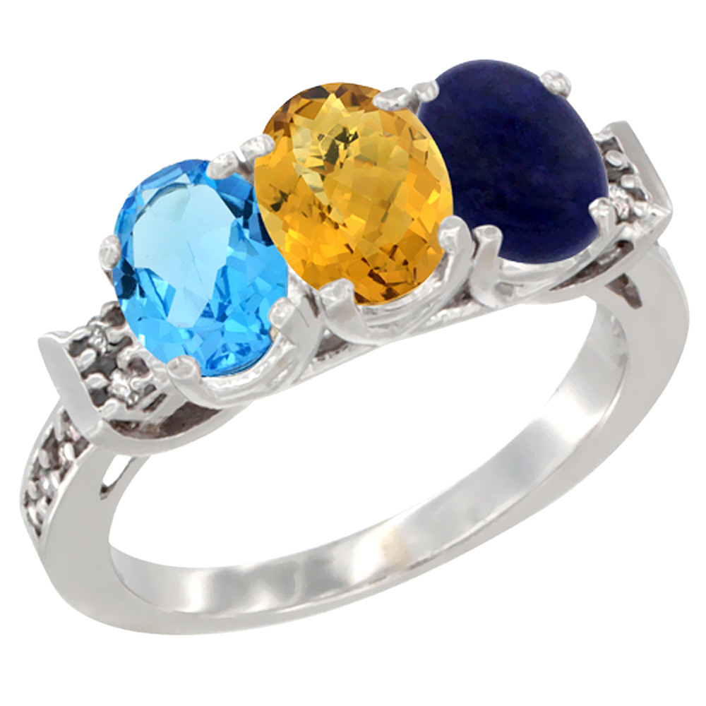 10K White Gold Natural Swiss Blue Topaz, Whisky Quartz & Lapis Ring 3-Stone Oval 7x5 mm Diamond Accent, sizes 5 - 10