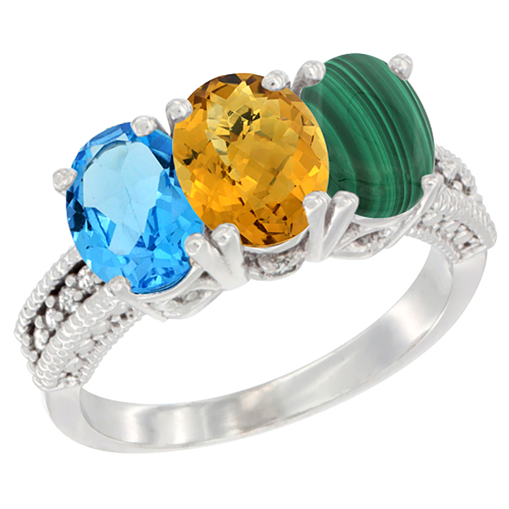 10K White Gold Natural Swiss Blue Topaz, Whisky Quartz & Malachite Ring 3-Stone Oval 7x5 mm Diamond Accent, sizes 5 - 10