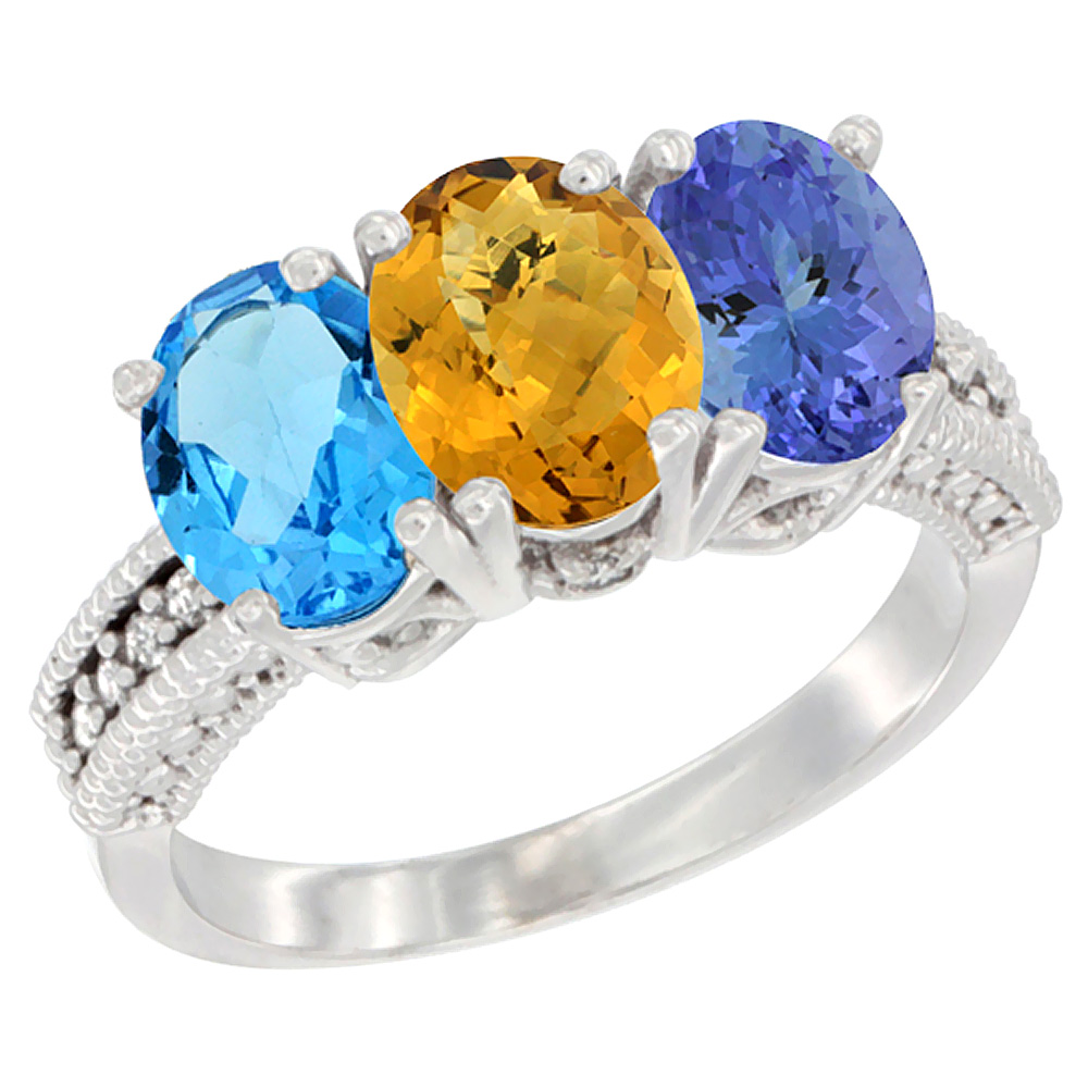 10K White Gold Natural Swiss Blue Topaz, Whisky Quartz & Tanzanite Ring 3-Stone Oval 7x5 mm Diamond Accent, sizes 5 - 10
