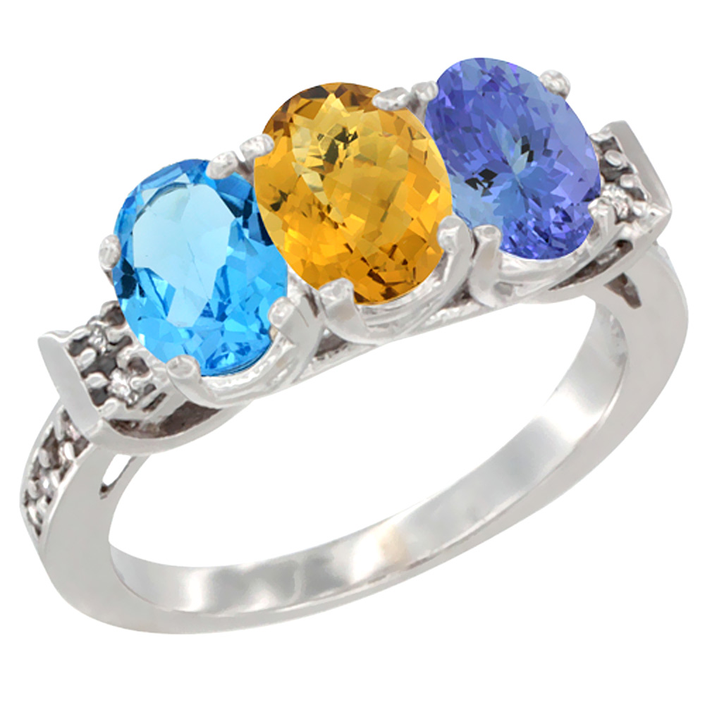 10K White Gold Natural Swiss Blue Topaz, Whisky Quartz & Tanzanite Ring 3-Stone Oval 7x5 mm Diamond Accent, sizes 5 - 10