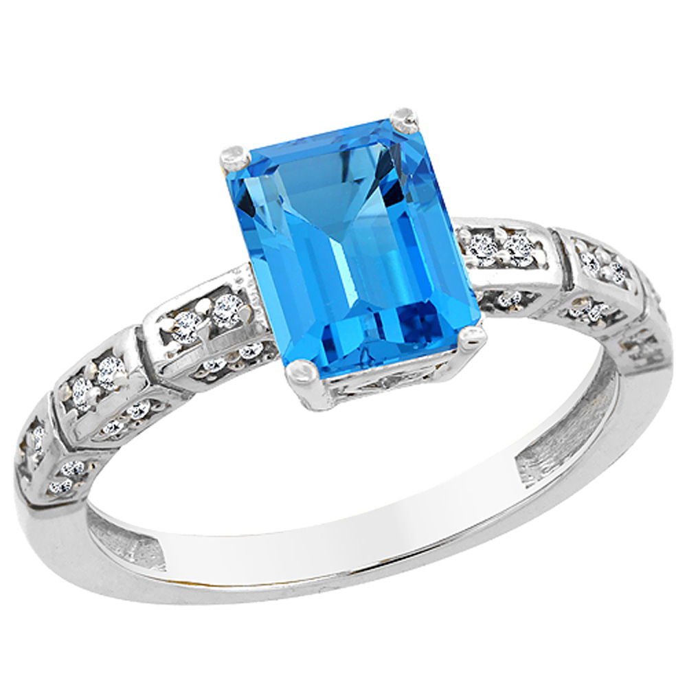 10K White Gold Natural Swiss Blue Topaz Octagon 8x6 mm with Diamond Accents, sizes 5 - 10