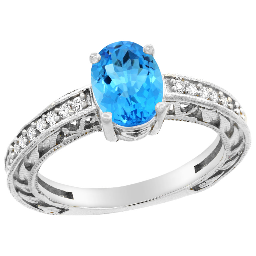10K Gold Natural Swiss Blue Topaz Ring Oval 8x6 mm Diamond Accents, sizes 5 - 10